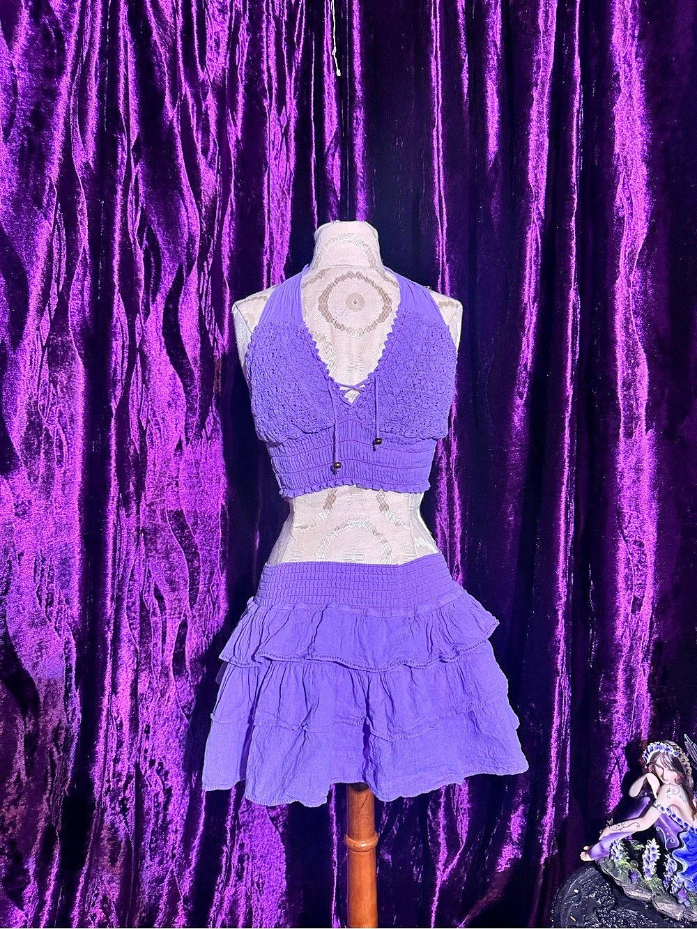 100% Cotton Purple Crochet Crop Top & Tiered Skirt With Beads